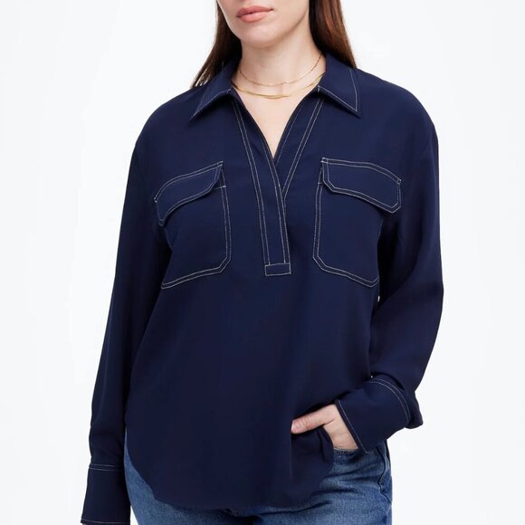 NWT! MADEWELL Navy Contrast-Stitch Popover Shirt Size XS - Picture 1 of 6